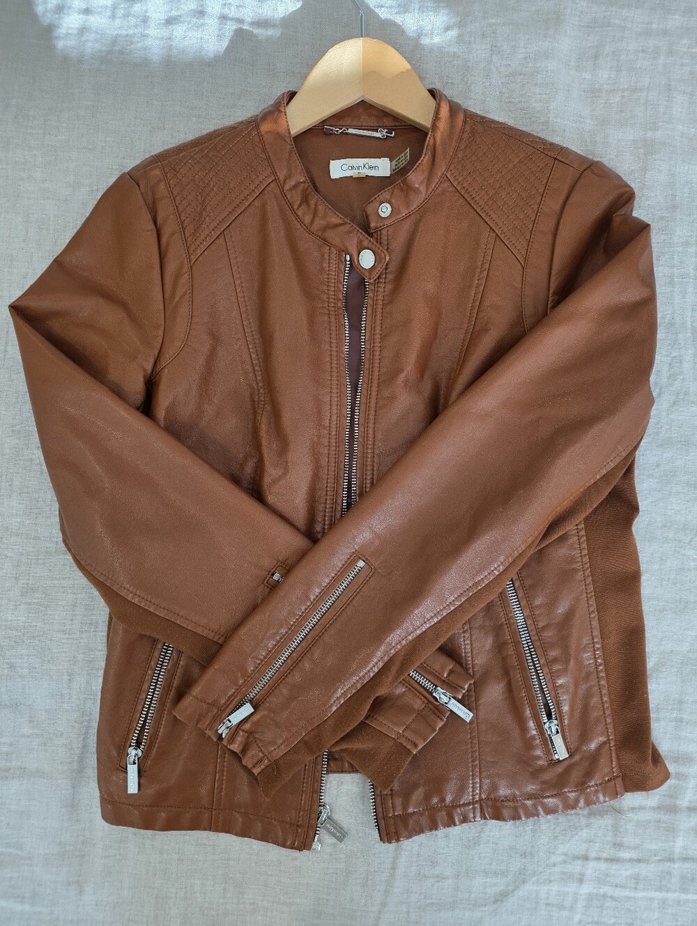 Calvin Klein Rich Caramel Faux Leather Moto Jacket Women's SZ M
